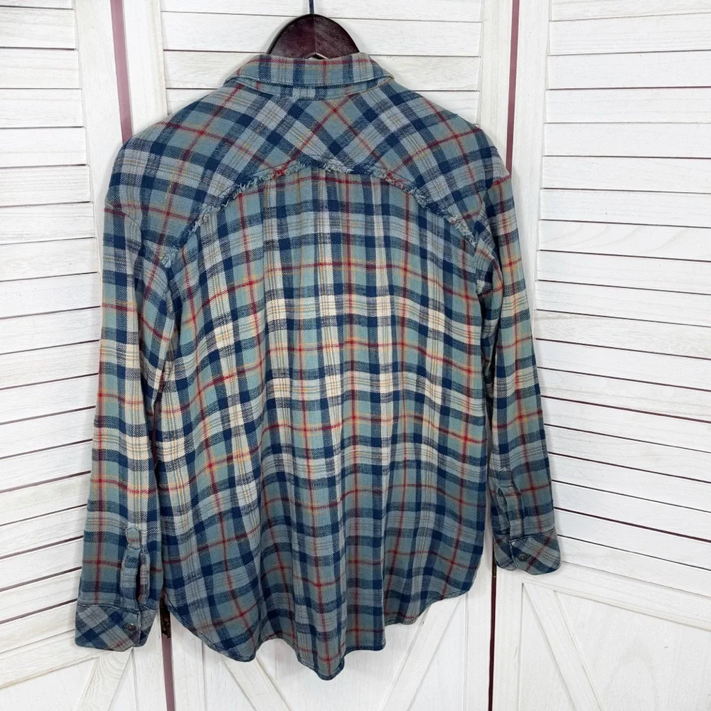 Vintage Free People Plaid Raw Hem Flannel Shirt‎ Ombre Blue Multi XS XSmall